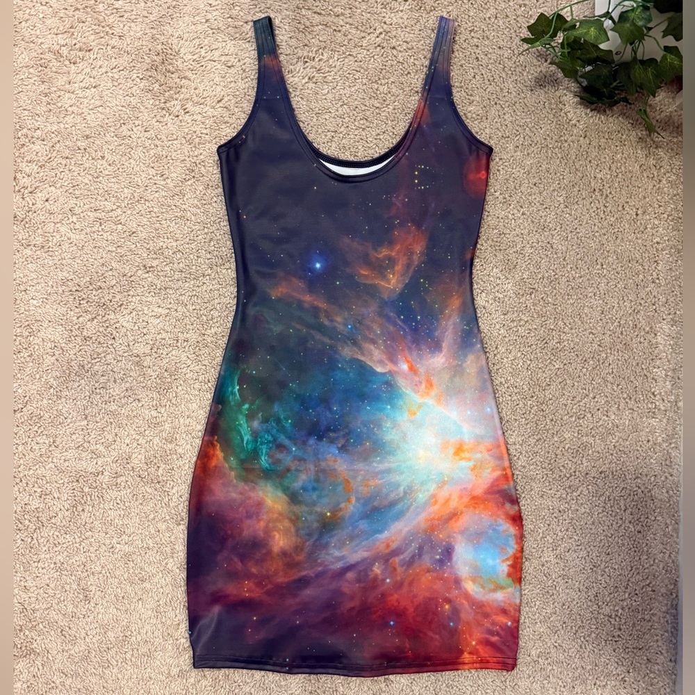 BLACKMILK BODYCON DRESS NWOT SIZE S GALAXY STARS PURPLE PINK ORANGE GREEN BLUE